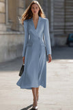 Sky Blue Peak Lapel Pencil One Button Midi Blazer Dress with Sleeves
