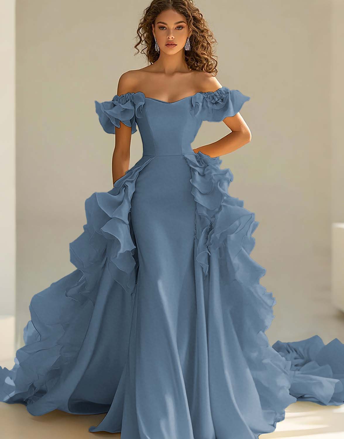 Yellow Satin Long Off the Shoulder Prom Dress with Ruffles