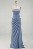 Light Pink Sheath Ruched Long Prom Dress with Slit