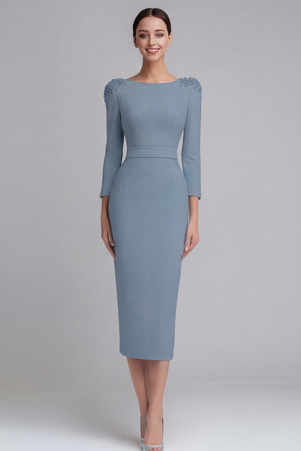 Simple Light Blue Pencil Boat Neck Midi Work Dress with Sleeves