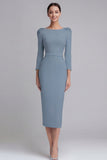 Simple Light Blue Pencil Boat Neck Midi Work Dress with Sleeves
