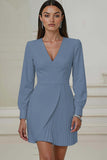 Ivory Pencil V-Neck Pleated Short Work Dress with Sleeves