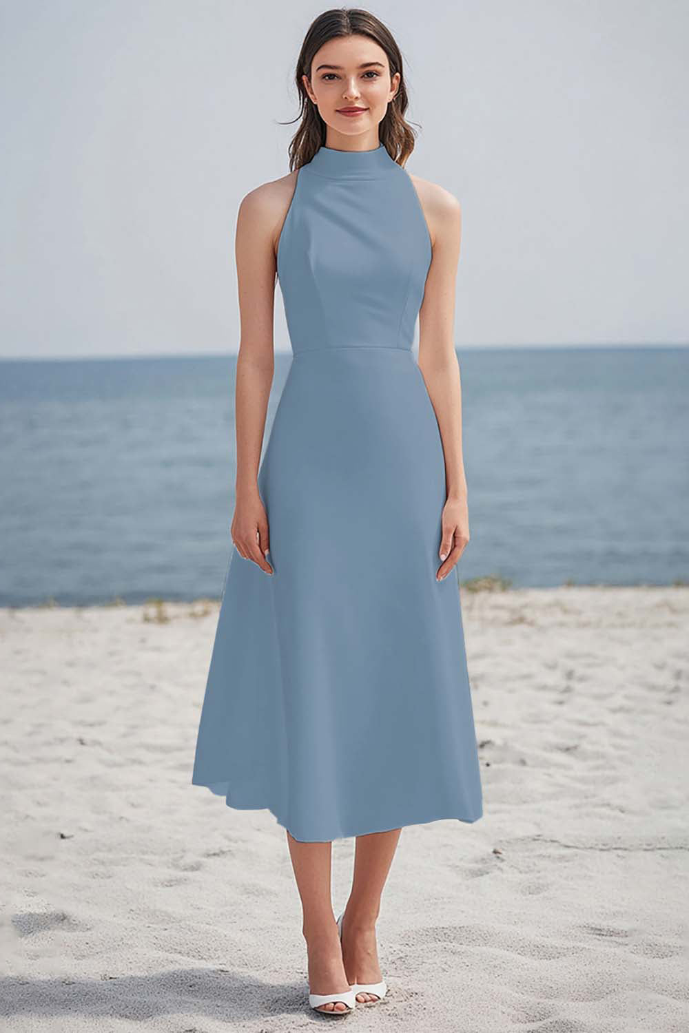 Ivory Satin High Neck Maxi Rehearsal Dinner Dress