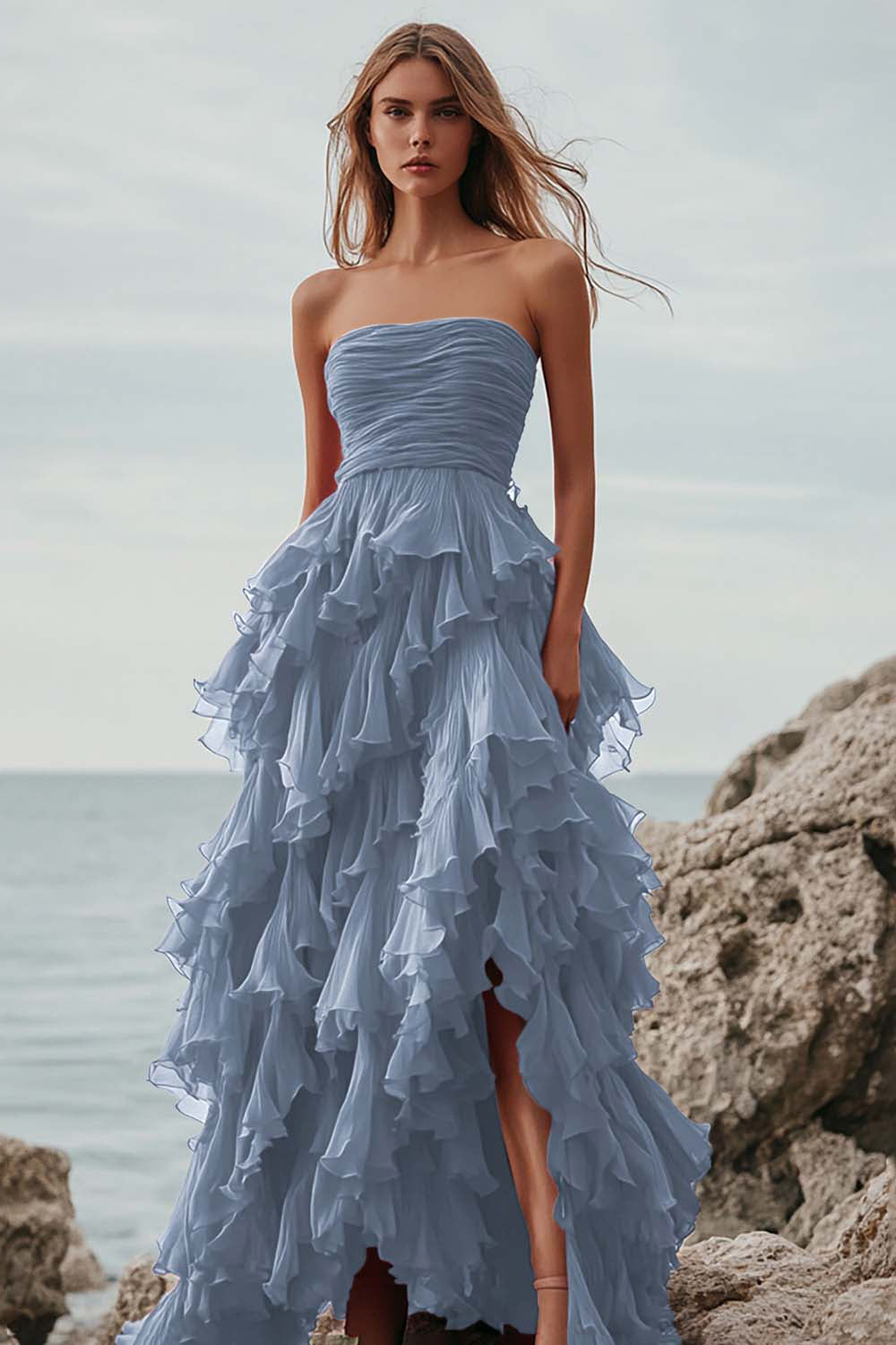 Fuchsia Tulle A Line Tiered Long Formal Dress with Ruffles