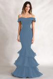Black Mermaid Off the Shoulder Long Tiered Formal Dress