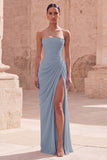Light Pink Sheath Ruched Long Prom Dress with Slit