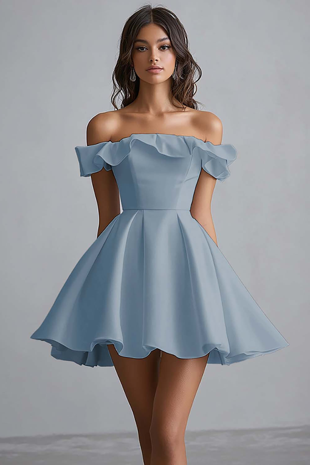 Zapaka Women Off The Shoulder White Graduation Dress A Line Satin Ruffled Little White Dress, Dusty Blue / US6 Zapaka Women Off The Shoulder White Graduation Dress A Line Satin Ruffled Little White Dress, Dusty Blue / US6