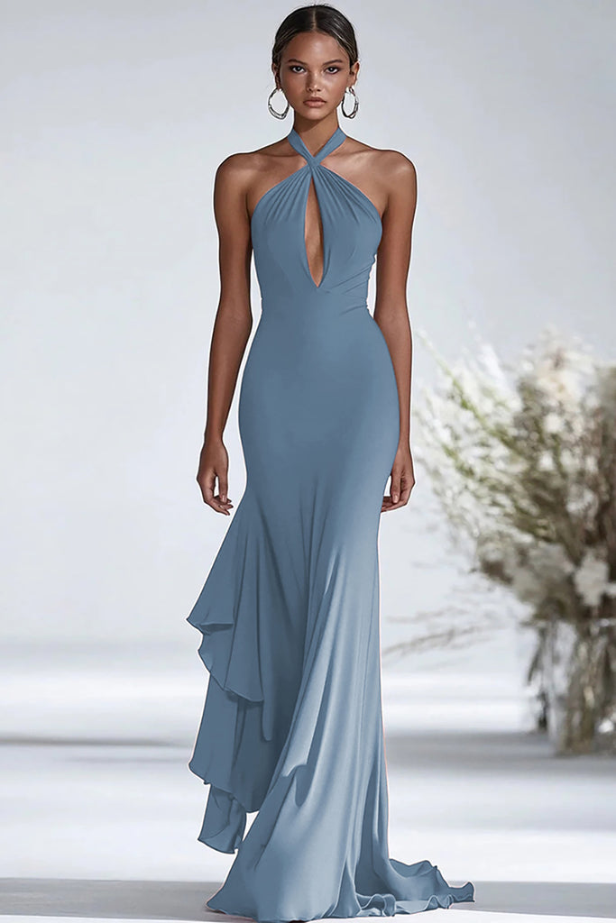Keyhole Halter Neck Chiffon Dress with Pockets Terracotta Plus Size