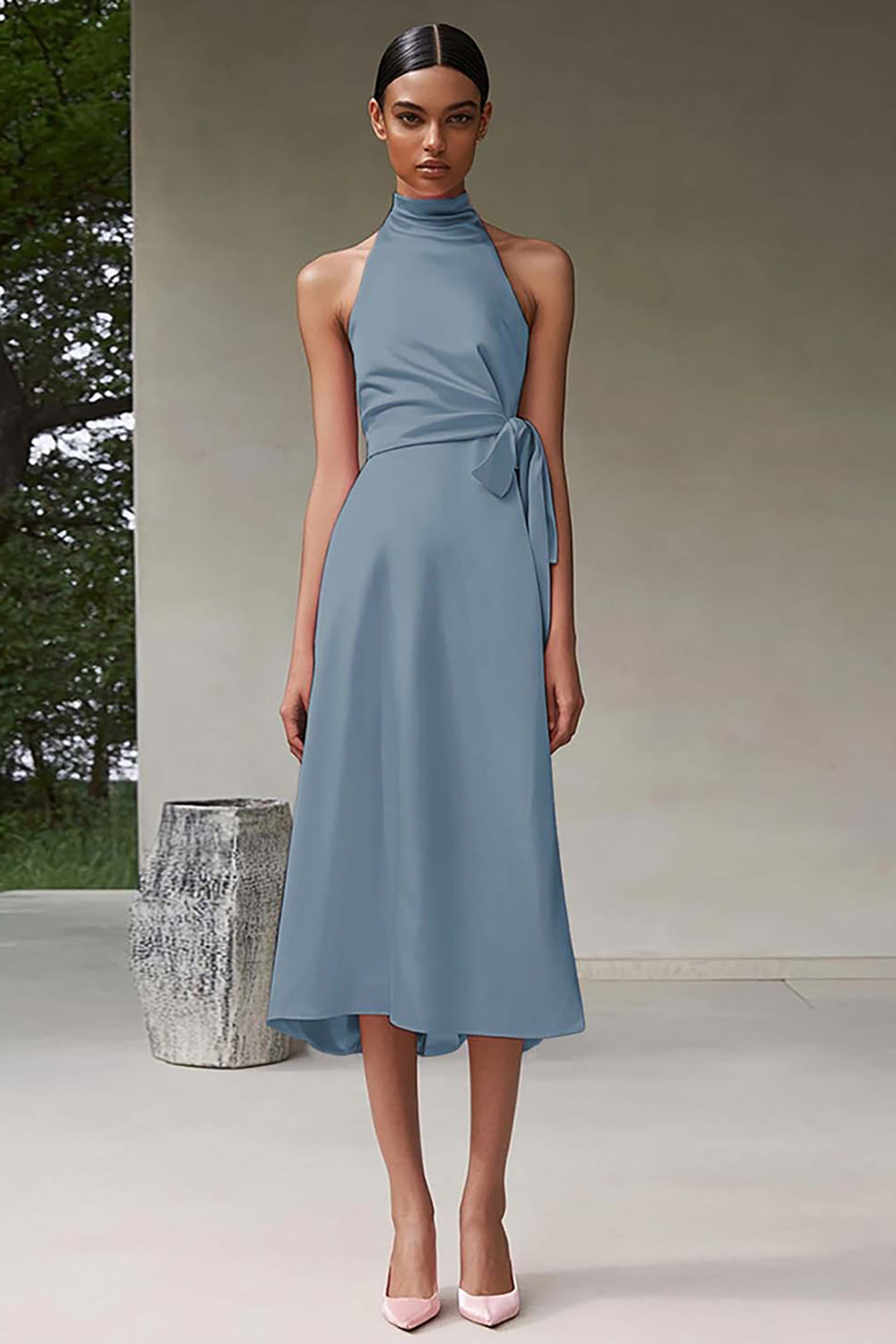 Pink Satin A Line Halter Knee-Length Formal Dress
