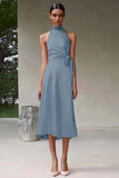 Pink Satin A Line Halter Knee-Length Formal Dress