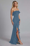 Black Chiffon Sheath Square Neck Long Formal Dress with Slit