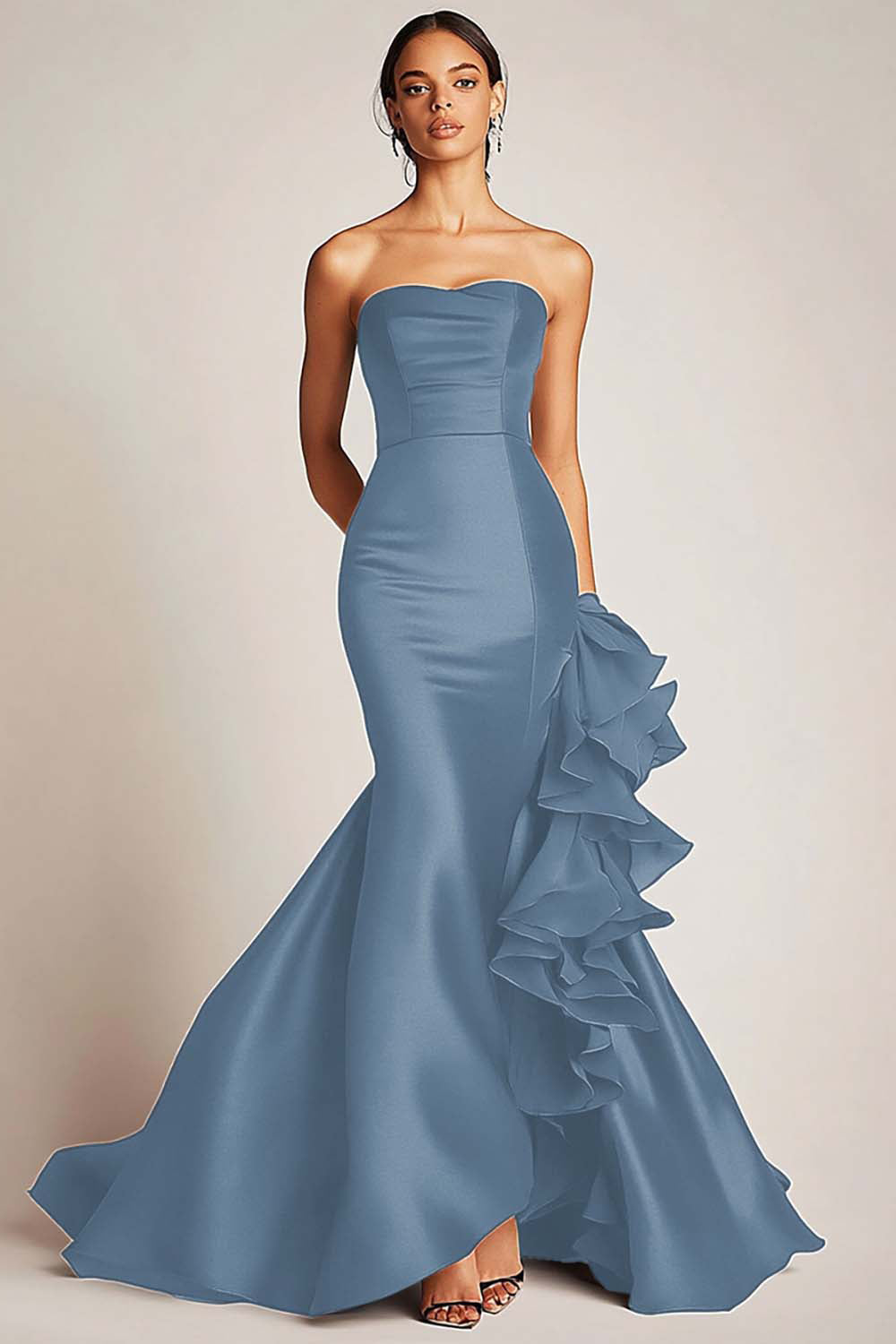 Satin Mermaid Long Strapless Formal Dress with Ruffles