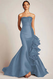 Satin Mermaid Long Strapless Formal Dress with Ruffles
