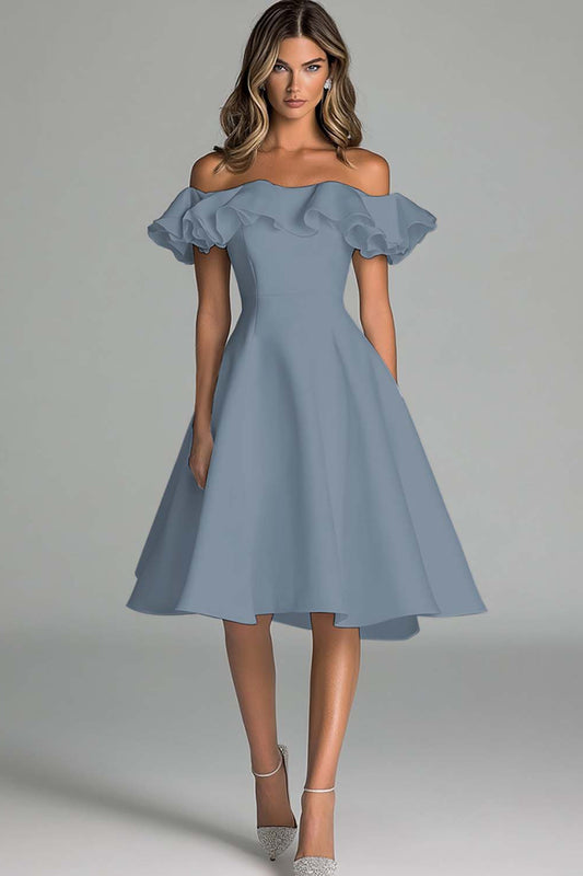 Dusty Blue A Line Satin Off the Shoulder Short Graduation Dress with Ruffles