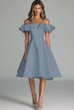 Dusty Blue A Line Satin Off the Shoulder Short Graduation Dress with Ruffles