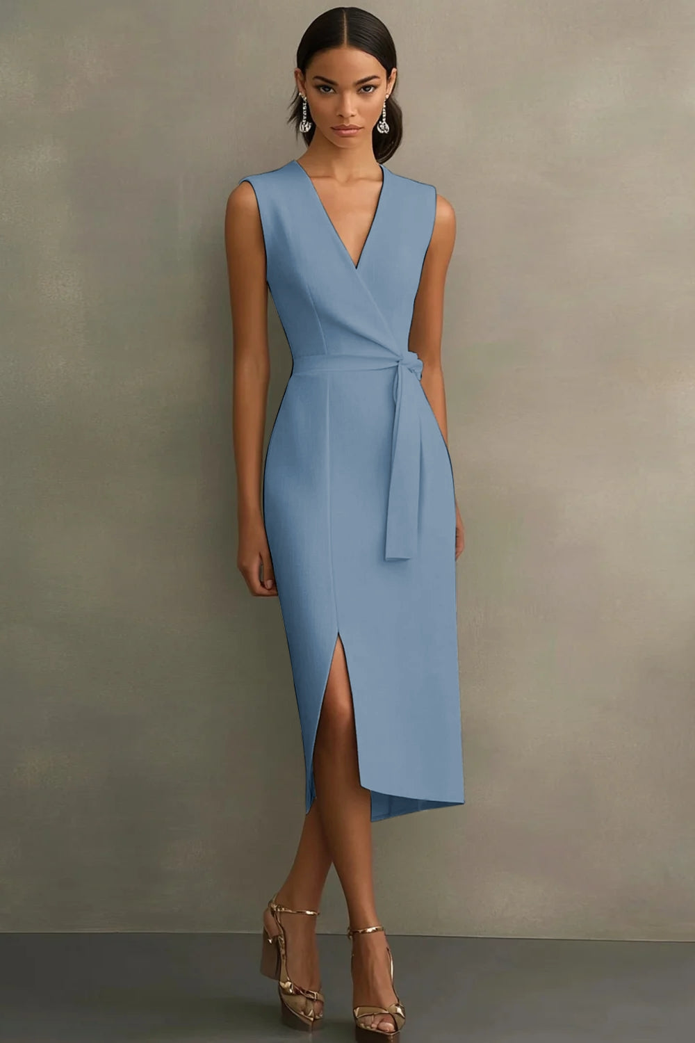 White V-Neck Sleeveless Satin Midi Formal Dress with Slit