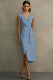 White V-Neck Sleeveless Satin Midi Formal Dress with Slit