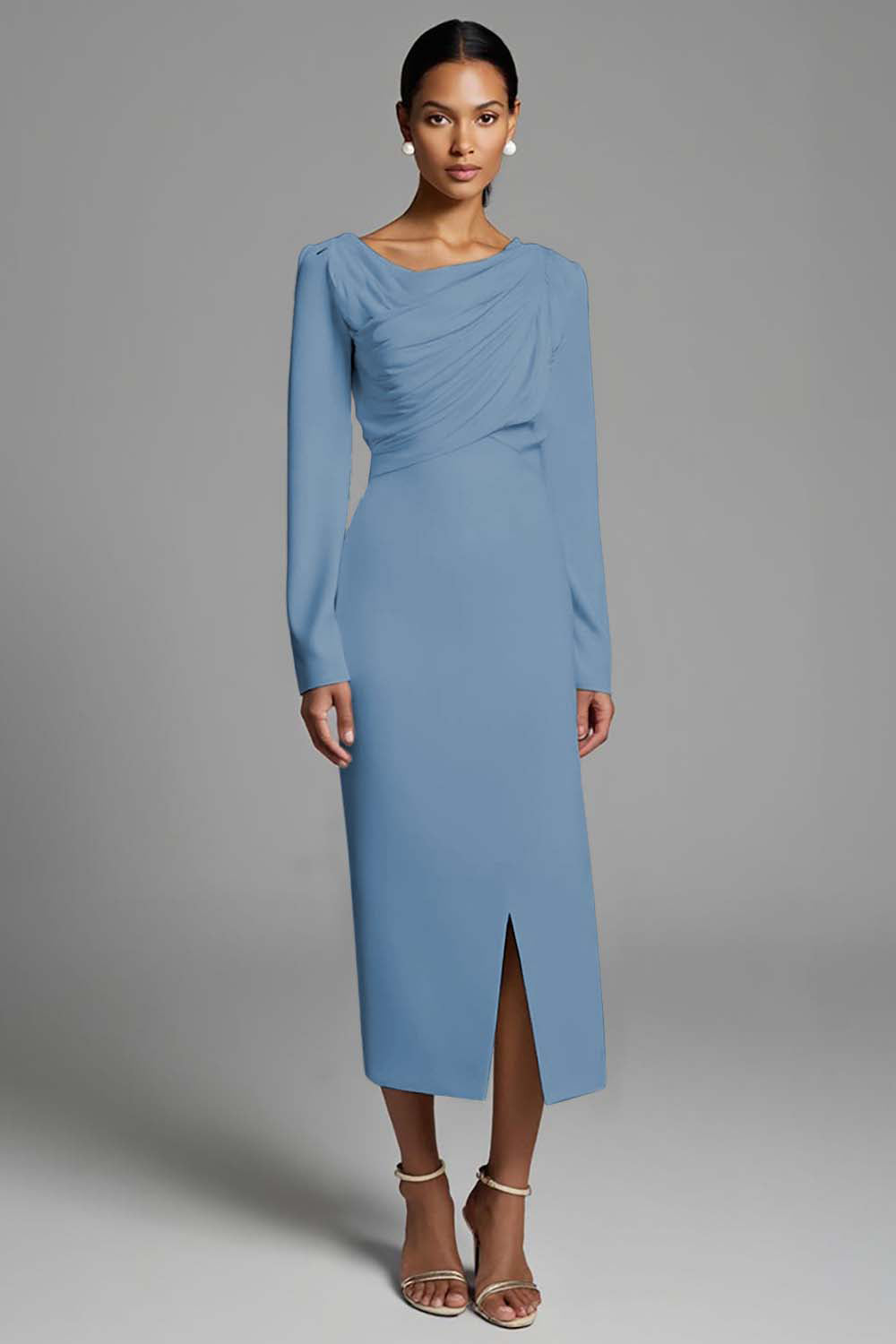 Ivory Ruched Pencil Long Sleeves Work Dress with Slit