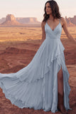 Ivory A Line Sweep Train Ruffled V-Neck Ruched Beach Wedding Dress with Slit