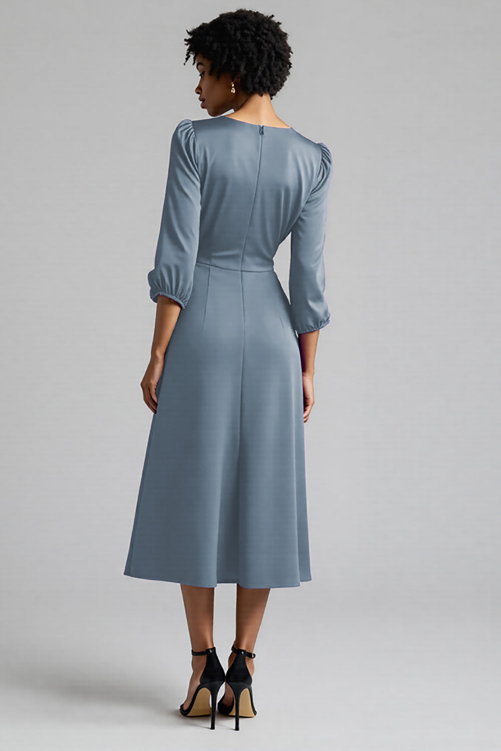 Plum Satin A Line Midi Ruched Work Dress with Half Sleeves