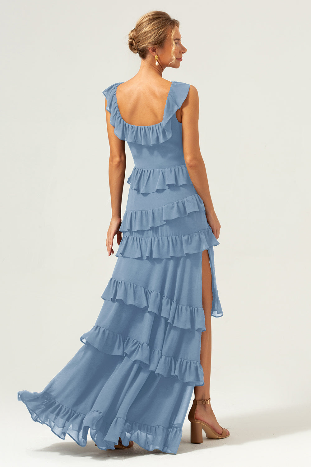 Dark Navy A-Line Tiered Chiffon Long Bridesmaid Dress