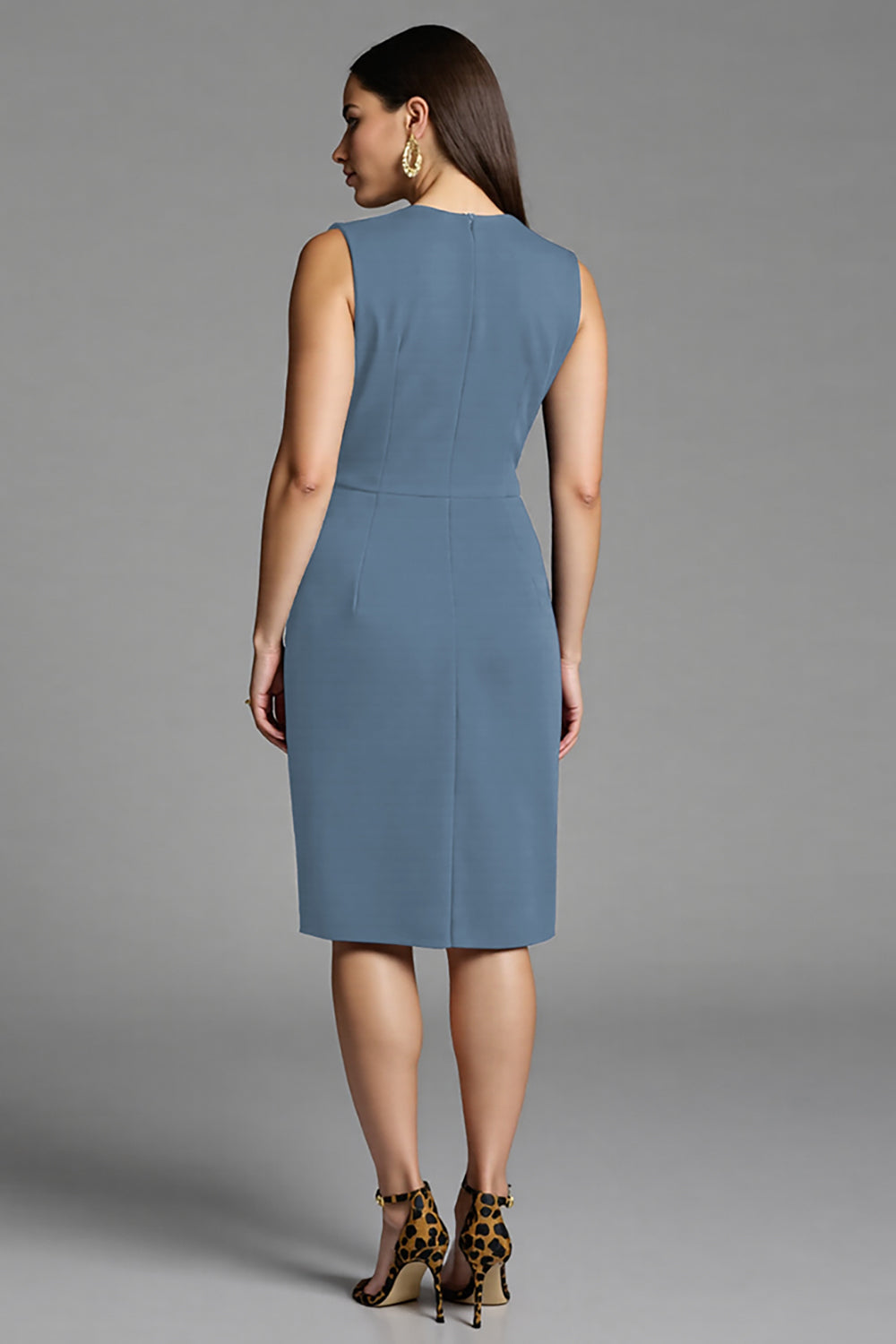 Navy Bodycon Satin V-Neck Ruched Midi Work Dress with Ruffles