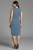 Navy Bodycon Satin V-Neck Ruched Midi Work Dress with Ruffles