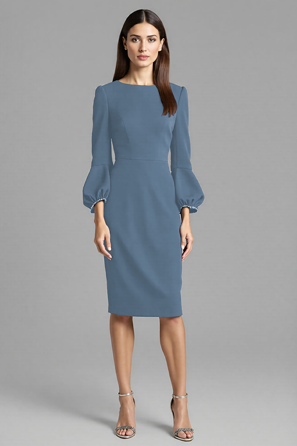 Navy Satin Bodycon Midi Bateau Neck Work Dress with Long Sleeves