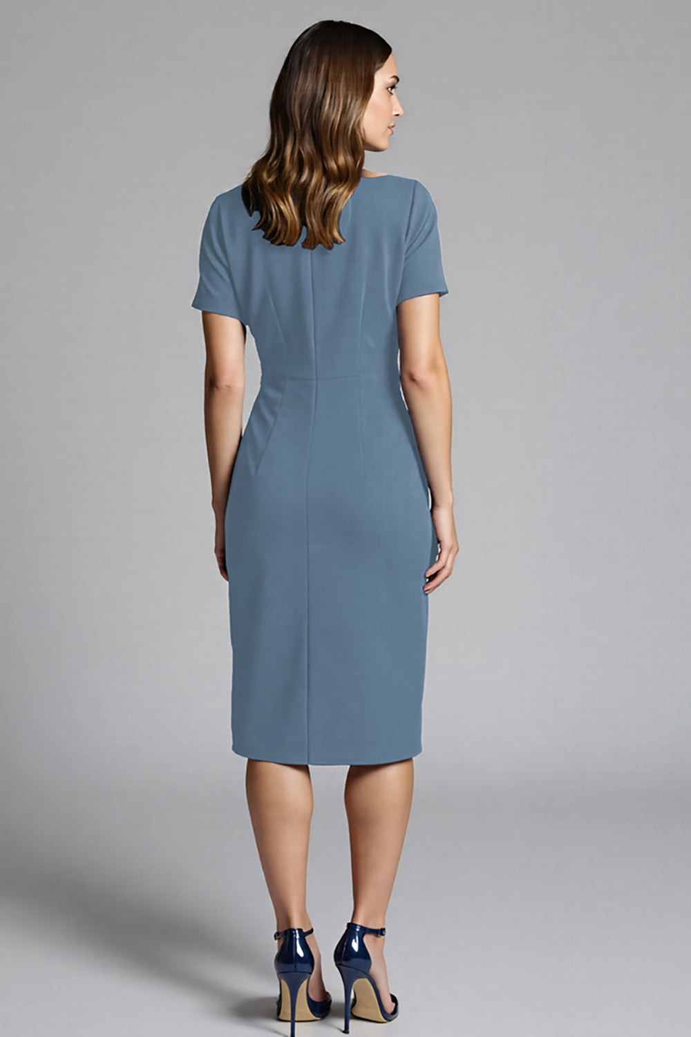 Navy Bodycon Ruched Midi Satin Work Dress with Short Sleeves