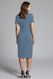 Navy Bodycon Ruched Midi Satin Work Dress with Short Sleeves