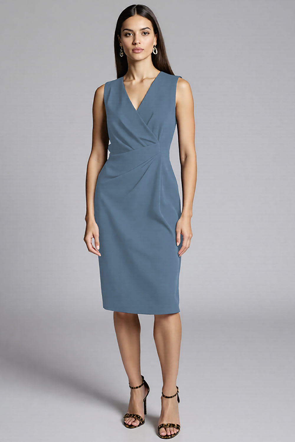 Navy Satin V-Neck Midi Bodycon Work Dress