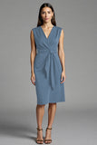 Navy Bodycon Satin V-Neck Ruched Midi Work Dress with Ruffles