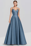 Black Satin A Line Spaghetti Straps Long Formal Dress