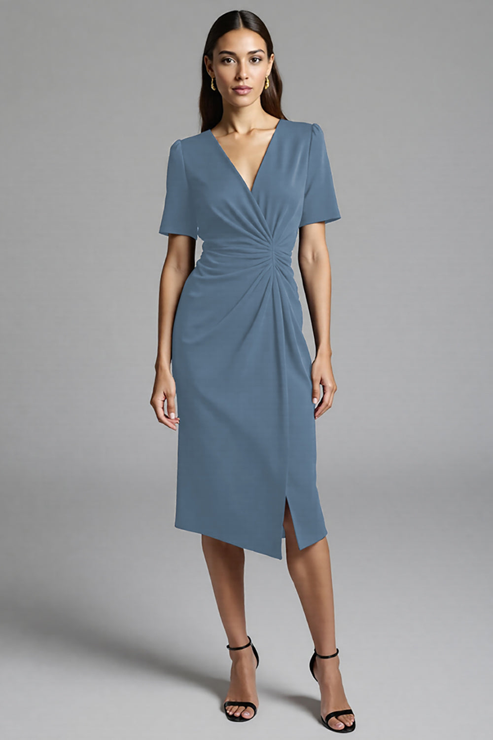 Navy Bodycon V-Neck Midi Satin Work Dress with Short Sleeves