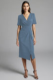 Navy Bodycon V-Neck Midi Satin Work Dress with Short Sleeves