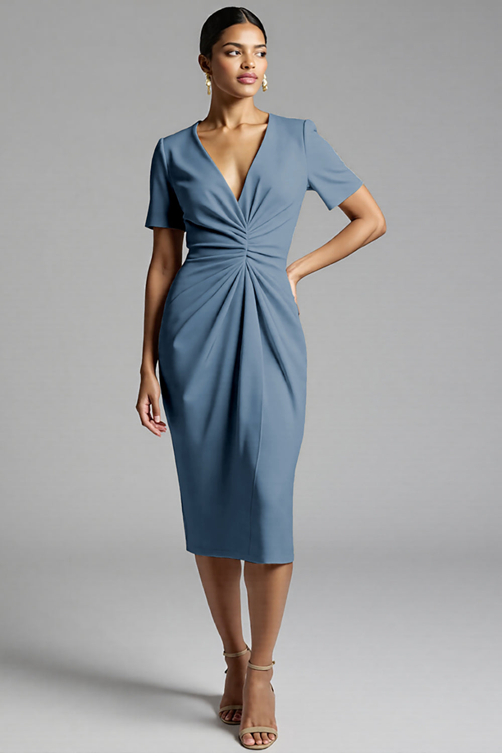 Tahiti V-Neck Bodycon Midi Satin Work Dress with Short Sleeves