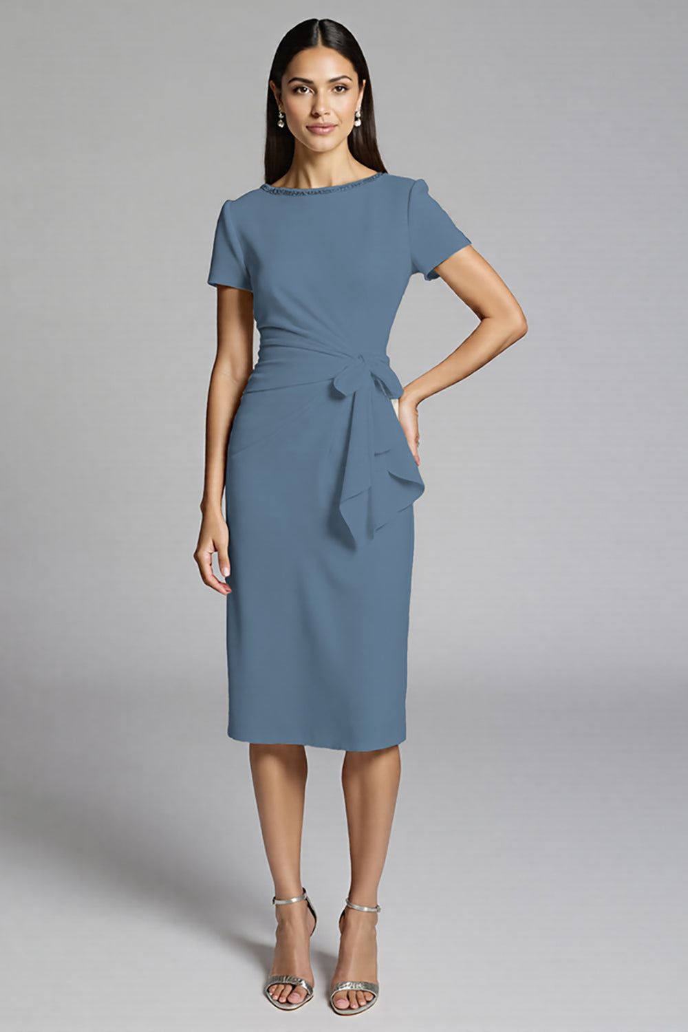 Beige Bodycon Midi Satin Work Dress with Short Sleeves