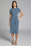 Beige Bodycon Midi Satin Work Dress with Short Sleeves