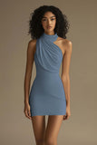 Dusty Blue Sheath Sleeveless Mini Bodycon Cocktail Dress Ruched Halter Graduation Dress