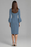 Navy Satin Bodycon Midi Bateau Neck Work Dress with Long Sleeves