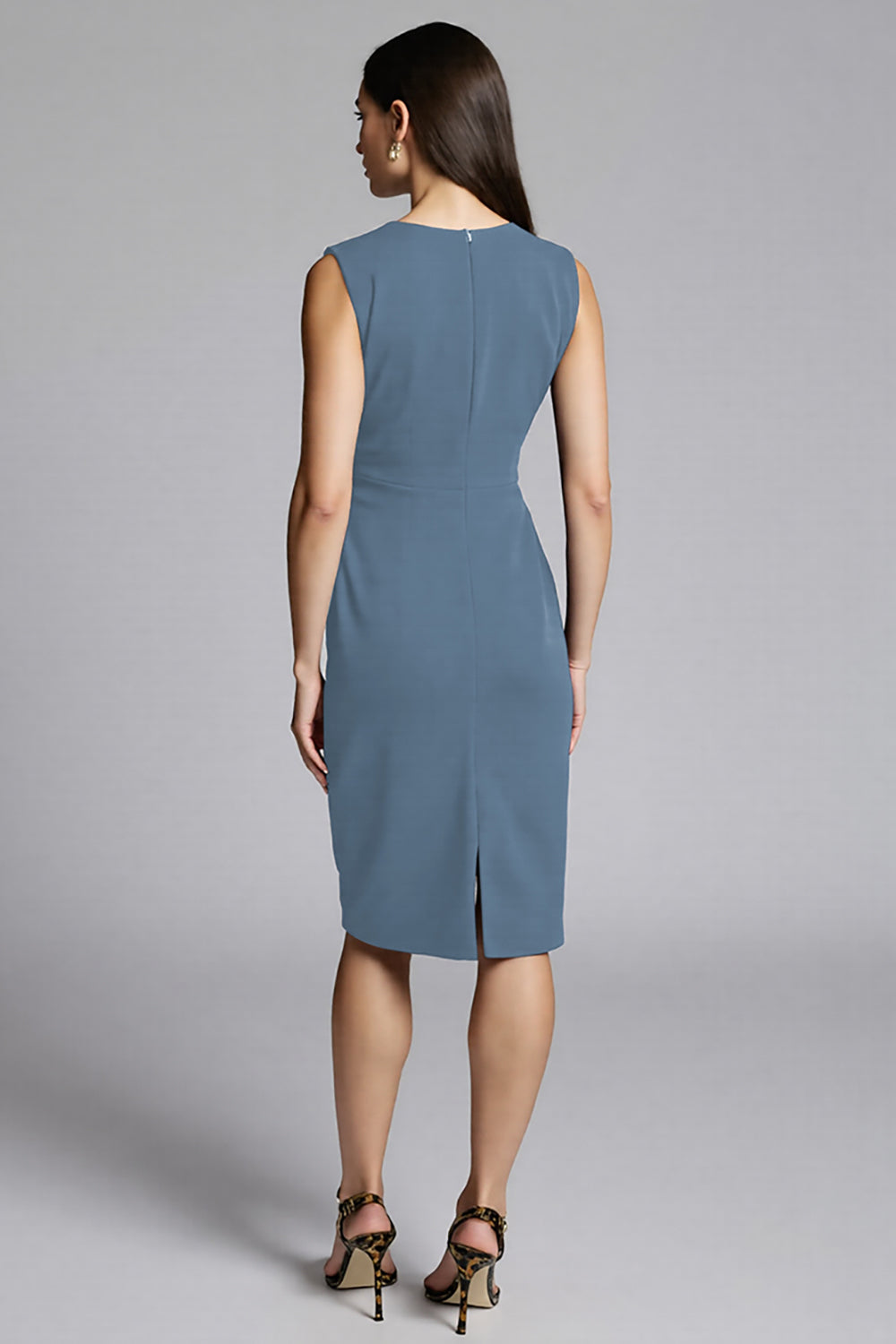 Navy Satin V-Neck Midi Bodycon Work Dress