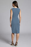 Navy Satin V-Neck Midi Bodycon Work Dress