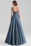 Black Satin A Line Spaghetti Straps Long Formal Dress