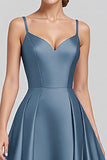 Black Satin A Line Spaghetti Straps Long Formal Dress