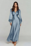 Champagne V-Neck Satin Backless Long Sleeves Evening Dress