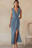 Lilac Satin Sheath Deep V-Neck Long Ruched Work Dress with Slit