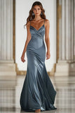 Dark Green Spaghetti Straps Mermaid Satin Long Military Ball Dress