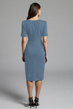 Navy Bodycon V-Neck Midi Satin Work Dress with Short Sleeves