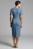 Tahiti V-Neck Bodycon Midi Satin Work Dress with Short Sleeves