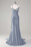 Dusty Blue Sweetheart Mermaid Corset Satin Long Prom Dress